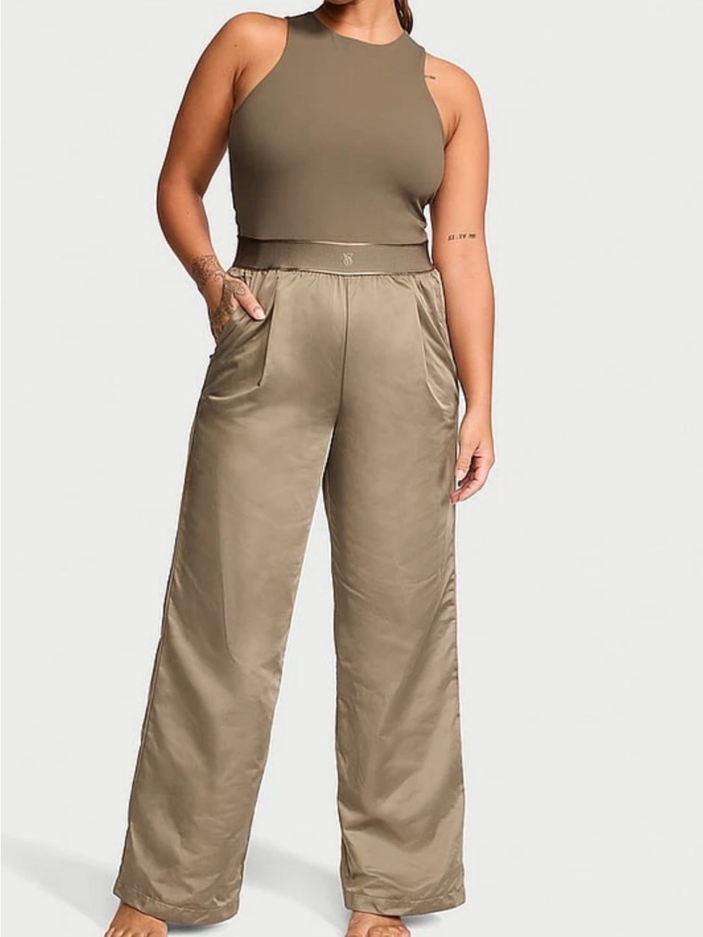 Victoria's Secret Olive Green Lux Glossy Sport Wide Leg Jumpsuit M